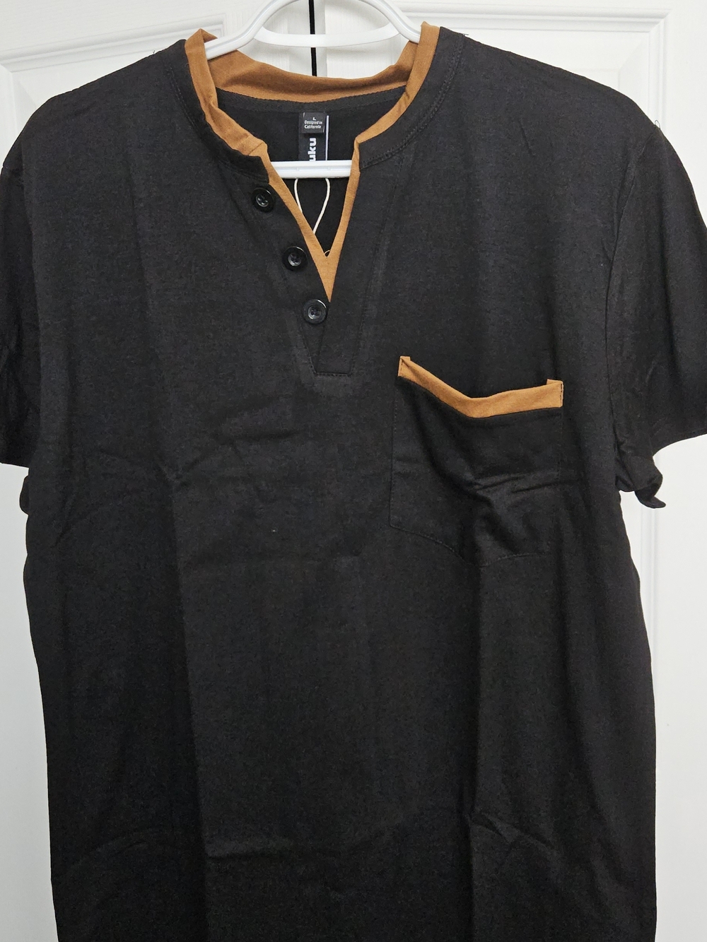 Men's Black Short-Sleeve Henley with Tan Trim